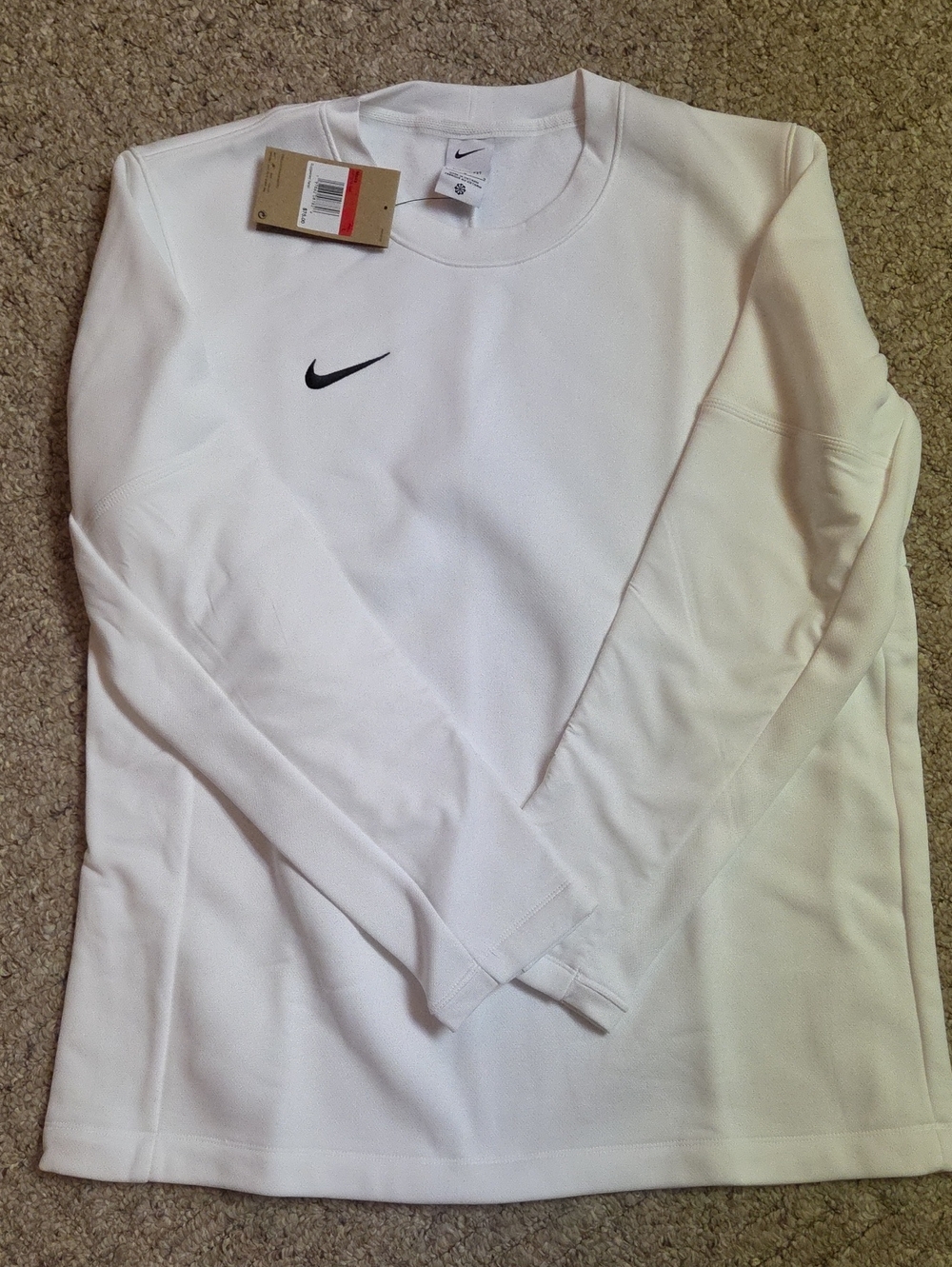 Nike Heavy Weight White Long Sleeve Crew with Black Swoosh Logo